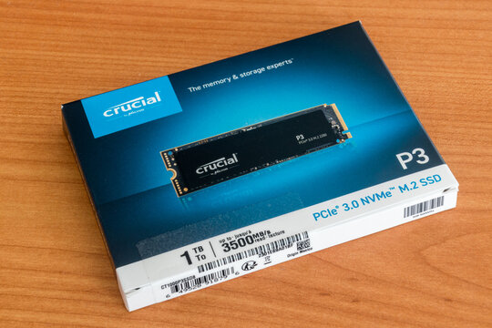 Pruszcz Gdanski, Poland - March 17, 2023: Box of Crucial P3 1TB PCIe 3.0 NVMe M.2 SSD.