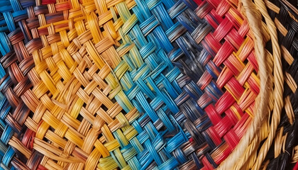 Colorful Woven Texture: Interlaced Ribbon Background, a multicolored ribbon pattern, showcasing the complexity and beauty of textile art - obrazy, fototapety, plakaty