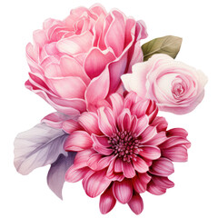 Illustration Bouquet of pink flowers, watercolor pink floral, rose, peony, dahlia, Isolated on transparent background. Generative AI