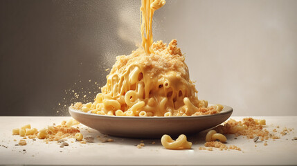 Mac and cheese, macaroni pasta in cheesy sauce - American style, top view, ai illustration  - obrazy, fototapety, plakaty