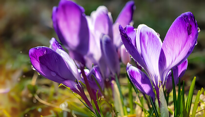 purple crocus flowers, water drops, Spring crocus blossoms. Spring wildflowers. Beautiful purple...