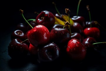 Fototapeta na wymiar Close up of fresh cherries on a black background created with generative AI technology