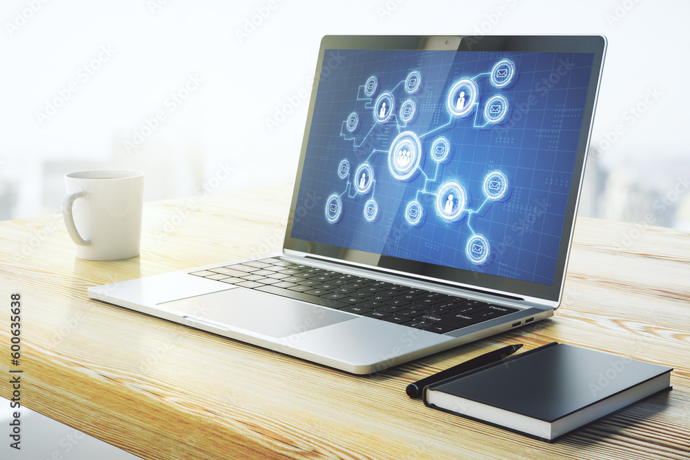 Aufkleber modern computer screen with social network media concept. 3d rendering