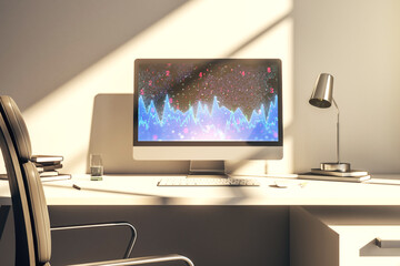 Modern computer monitor with abstract statistics data hologram interface, computing and analytics concept. 3D Rendering