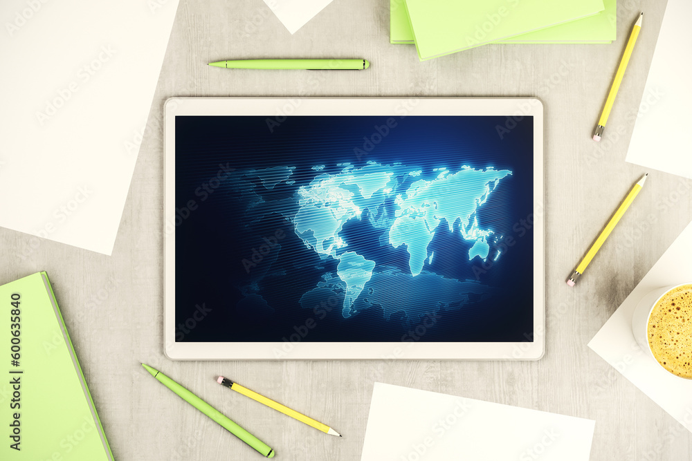 Poster top view of modern digital tablet display with abstract graphic world map, big data and networking c