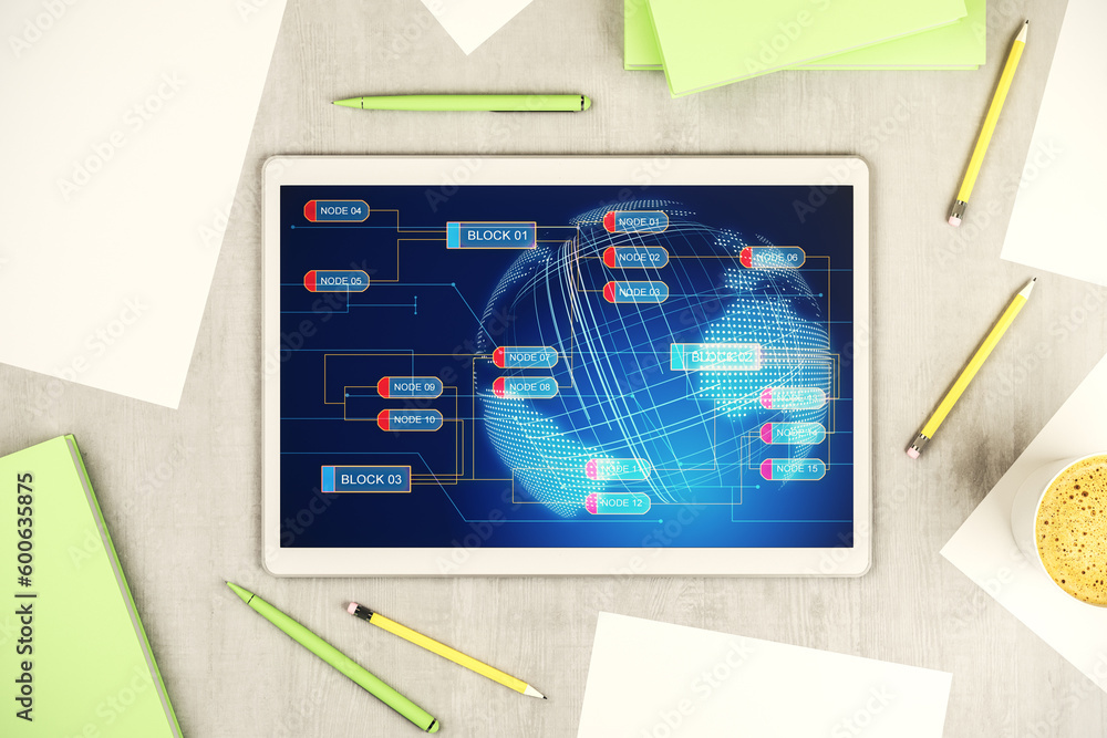 Leinwandbilder modern digital tablet monitor with abstract programming language and world map, research and develop