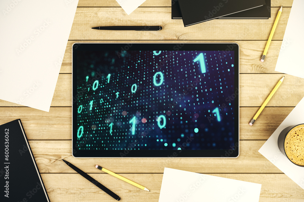 Leinwandbilder creative abstract binary code sketch on modern digital tablet screen, hacking and matrix concept. to