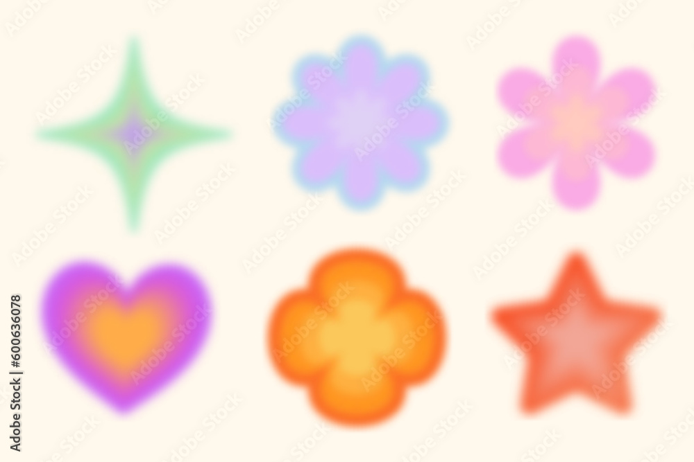 Poster y2k gradient blurred elements. abstract shapes and retro stickers with aura. flower, heart and star 