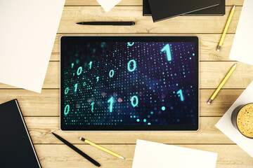 Creative abstract binary code sketch on modern digital tablet screen, hacking and matrix concept. Top view. 3D Rendering