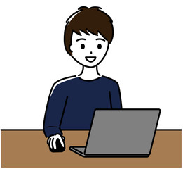 笑顔でノートパソコンのマウスを操作する男性
