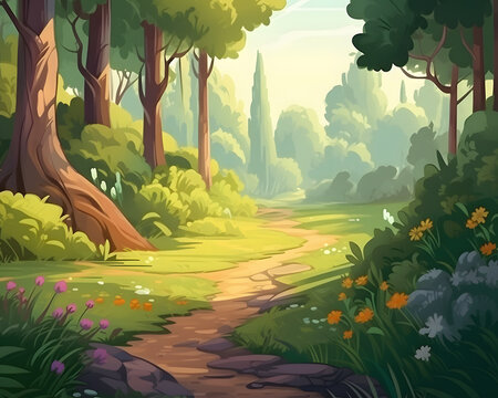Beautiful nature forest landscape, Footpath in summer forest on a sunny day. Vector cartoon illustration of woodland with green trees, bushes, grass, sun shining