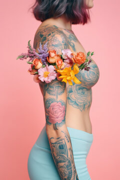 A girl's torso covered the flowers on pastel orange background. Spring or mastectomy concept. Generative AI.