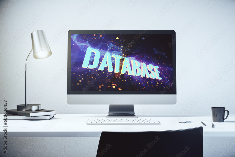 Aufkleber Modern computer monitor with creative Database word hologram, research and development concept. 3D Rendering