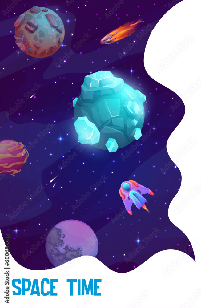 Poster space landing page. cartoon starry galaxy, starcraft and planets vector website background of busine