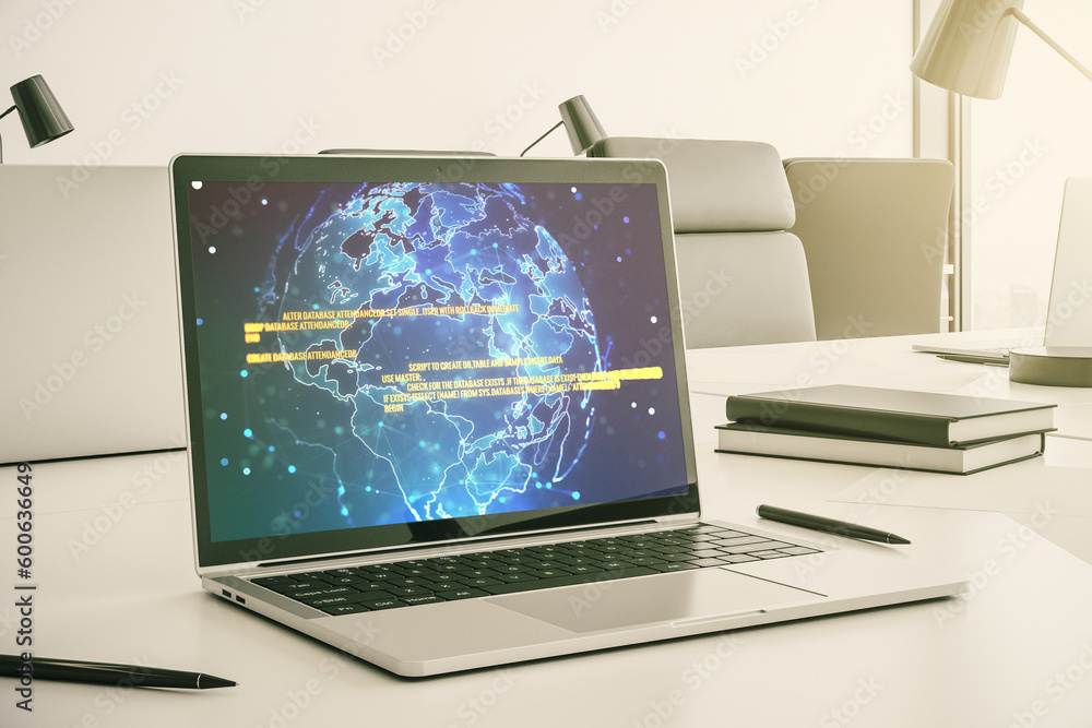 Poster modern computer display with abstract software development hologram and world map, global research a