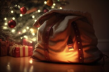 Christmas presents wrapped in colored paper and Santa's big bag with presents under the tree, generative AI.