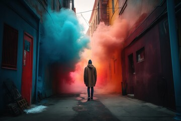  a person standing in a narrow alley way surrounded by smoke.  generative ai