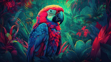  a colorful parrot sitting on top of a lush green forest.  generative ai