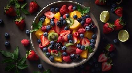  a bowl of fruit is surrounded by berries, limes, and strawberries.  generative ai