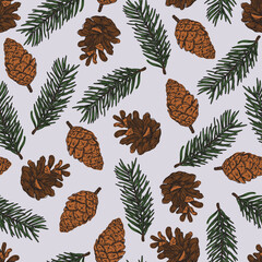 Vector Christmas pinecones with leaf repeat seamless pattern background. Vector illustration