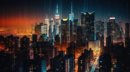  a cityscape with a lot of tall buildings at night.  generative ai