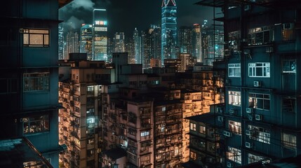  a city skyline at night with skyscrapers lit up in the background.  generative ai