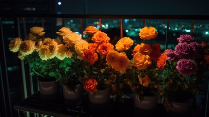  a bunch of flowers that are sitting in a vase on a ledge.  generative ai
