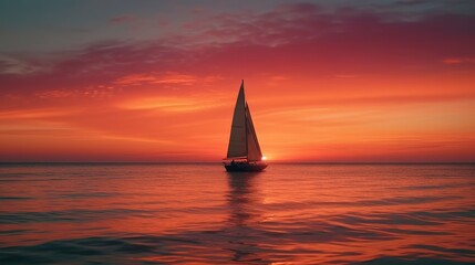  a sailboat is sailing in the ocean at sunset or dawn.  generative ai
