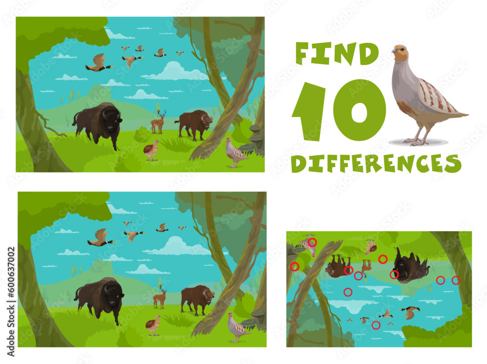 Poster find ten differences. cartoon wild animals. child matching game, difference search vector children p