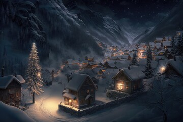 Evening village in the mountains during Christmas celebrations, generative AI.