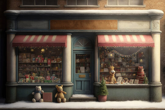 A Christmas shop with toys and sweets is lit up with lights on the eve of Christmas, generative AI.