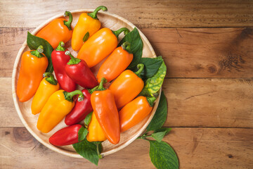 Mixed Color Sweet bite Peppers  or Bell pepper on wooden plate under sunlight on blurred nature background.