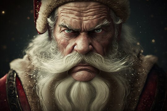 Portrait of an old and angry bad Santa on a black background, generative AI.