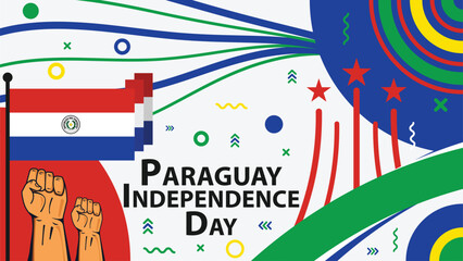 Paraguay Independence Day vector banner design with retro geometric shapes, Paraguay flag and color pallet, fist pump and typography. Paraguay Independence Day modern simple poster illustration.