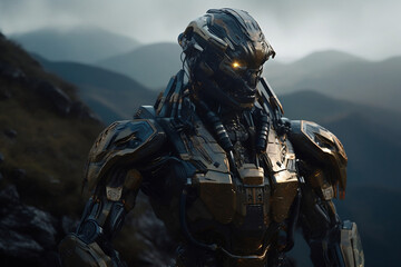 Black sci-fi robot android science fiction cyborg with strong muscular structure standing in the mountains. Futuristic soldier character design concept. Generative AI Technology. 