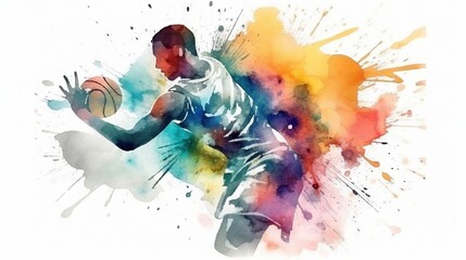 Fototapeta na wymiar a watercolor painting of a basketball player with a ball. generative ai