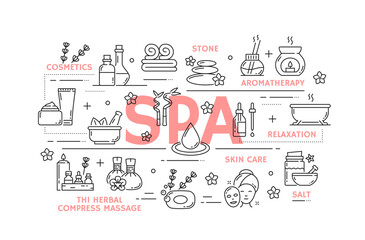 Spa and face beauty, skin health care, massage. Vector line sauna towels, aromatherapy oil and candle, herbal therapy hair and facial mask, body lotion, soap, flowers, bamboo. Beauty salon treatments