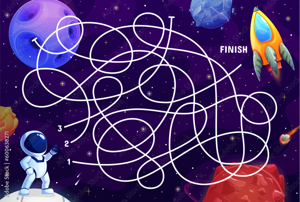 Aufkleber Cartoon space labyrinth maze. Galaxy planets and spaceship game puzzle quiz vector worksheet with fantasy space universe map. Help astronaut character find right way to rocket labyrinth maze game