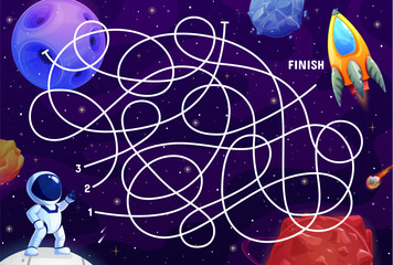 Cartoon space labyrinth maze. Galaxy planets and spaceship game puzzle quiz vector worksheet with fantasy space universe map. Help astronaut character find right way to rocket labyrinth maze game © Vector Tradition