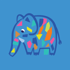 Big blue elephant with colourful geometric shapes inside. Cute elephant character. Safari animal print in childish style