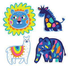 Set of cute funny cartoon animal characters lion, giraffe, llama and elephant. Scandinavian style, flat design.