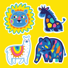 Sticker set of cute funny cartoon animal characters lion, giraffe, llama and elephant. Scandinavian style, flat design.