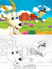 Cartoon farm scene with animal goat having fun - illustration for children