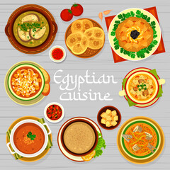 Egyptian cuisine meals menu page cover. Kawareh bi, Ab Ghooshte Fasl and Marka soups, Bissara pureed broad beans, Harira Ramadan and Balik corbasi fish soup, Kesra sesame bread, Zaalouk eggplant salad