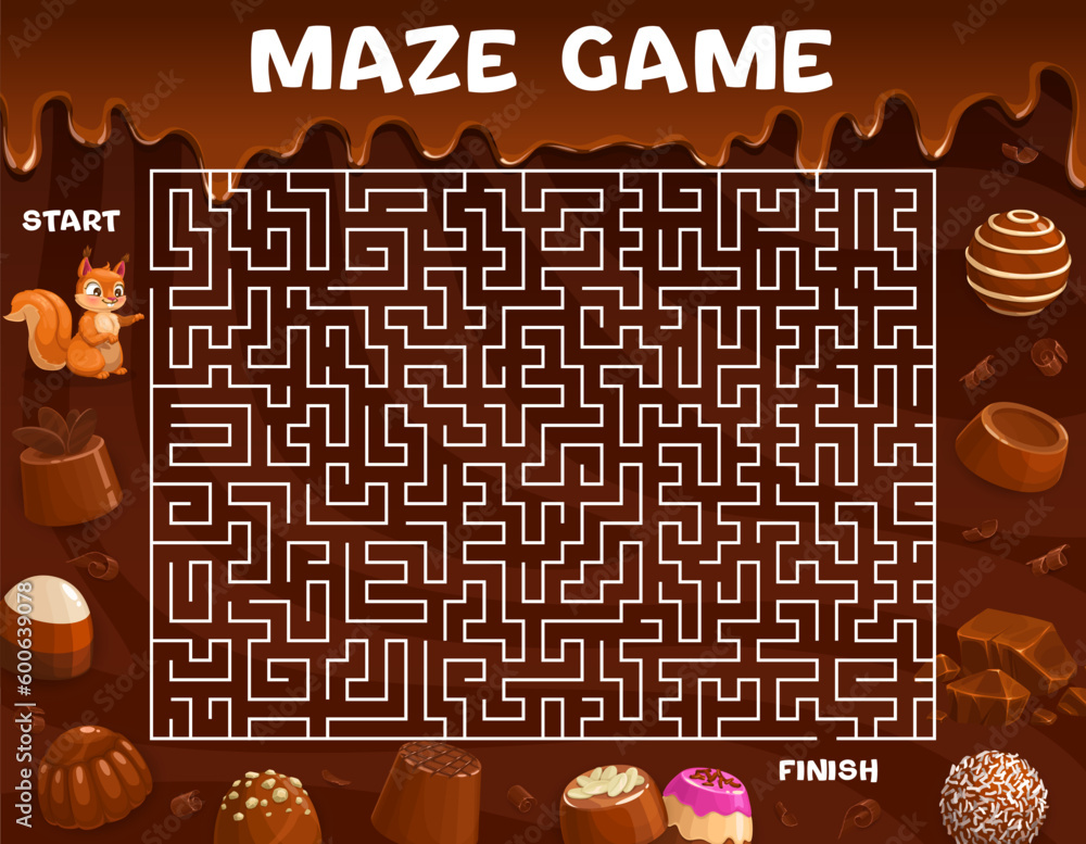 Poster labyrinth maze help to squirrel find a chocolate candy. kids board game vector worksheet with path, 