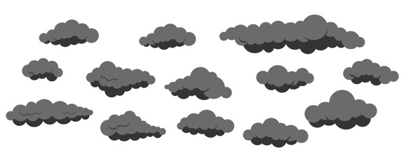 Smoke clouds vector icon set isolated on white background. Cartoon grey fluffy clouds collection for heaven 2d scene and backgrounds. Flat design cumulus clip art vector illustration.