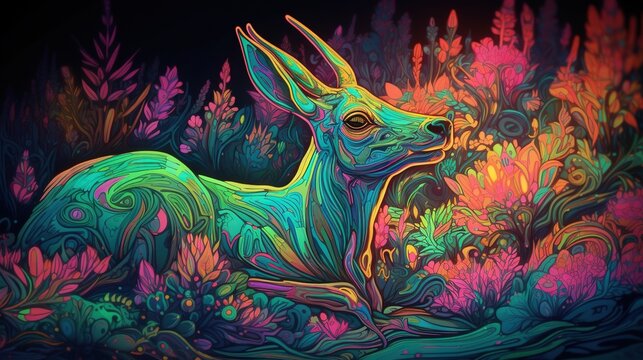  a painting of a deer in a field of grass and flowers.  generative ai