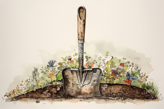  a drawing of a shovel in the ground with flowers around it.  generative ai