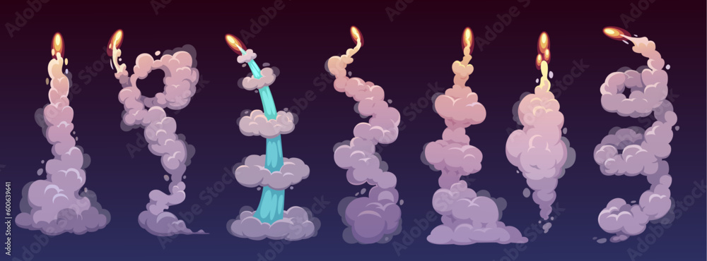 Poster cartoon rocket smoke trails with vector fire and clouds. space rocket, spaceship or shuttle launch s