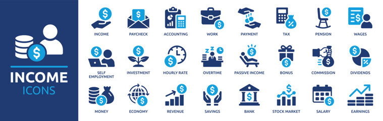 Income icon set. Containing money, tax, earnings, payment, accounting, paycheck, work, pension and wages icons. Solid icon collection. Vector illustration.